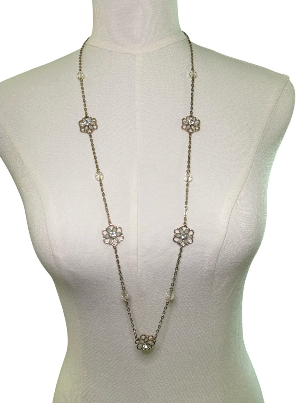 Gold Tone Multi Flower Station Long Layering Flapper Sweater Necklace 35”